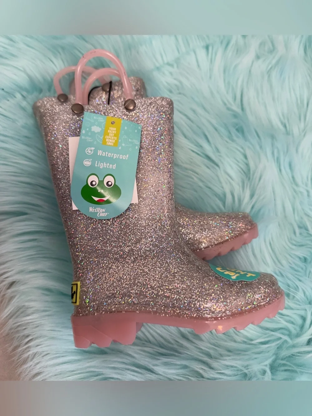 Toddler Girl Light Up Glitter Silver Rose Light Up Rain Boots Sz 6 NEW!  Flawed!